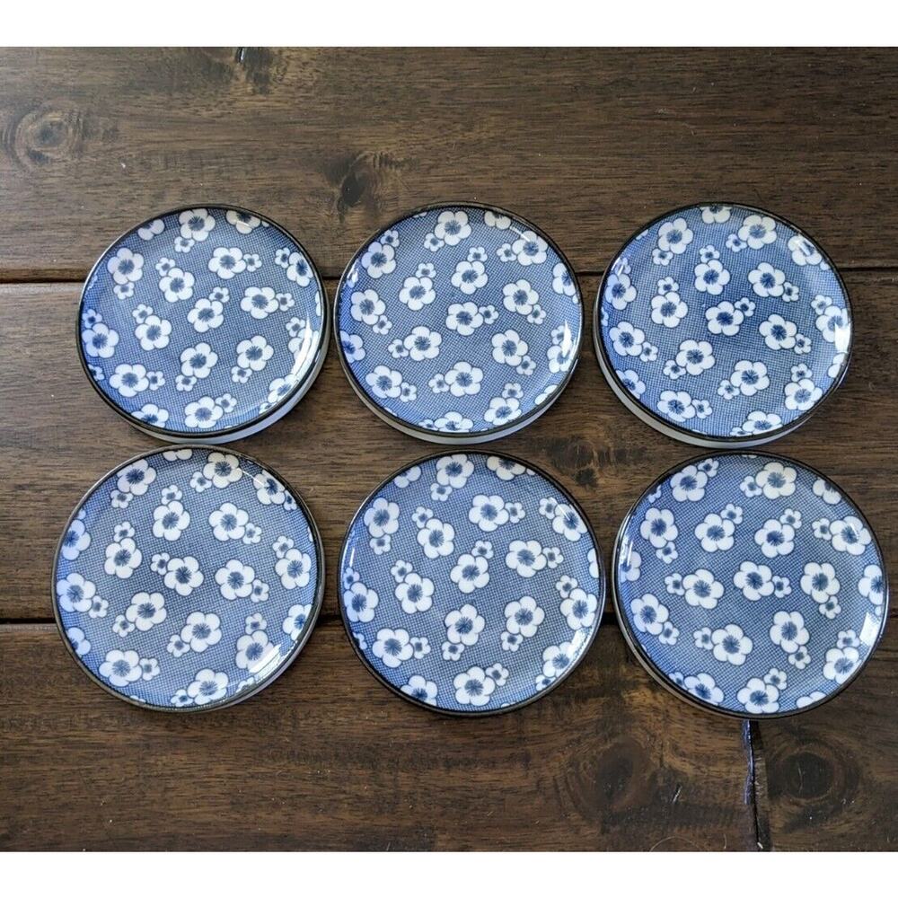 Set Lot 6 Blue & White Floral Porcelain Trivet Ceramic Base Coaster Japanese